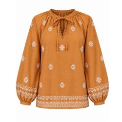 In April 1986 karamelbrun bluse med lyse broderier R5730