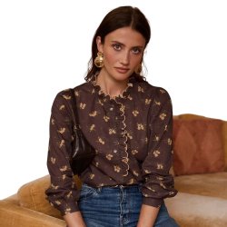 In April 1986 brun bluse med gyldent blomsterprint R7208