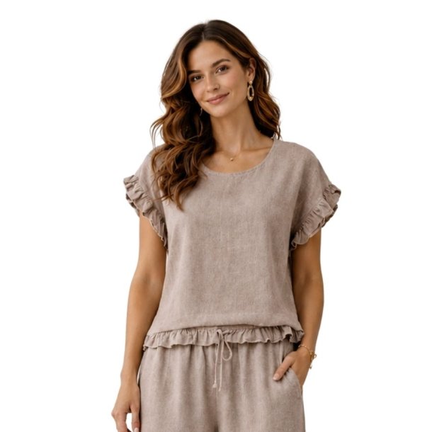 Pomelo Paris bluse i sandfarvet bomuld og h�r med fl�se�rmer