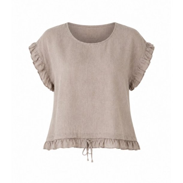 Pomelo Paris bluse i sandfarvet bomuld og h�r med fl�se�rmer