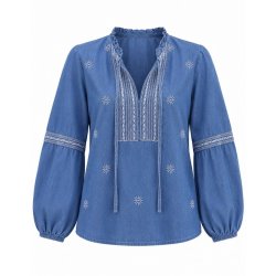 In April 1986 denimbl� bluse med broderede detaljer V8010