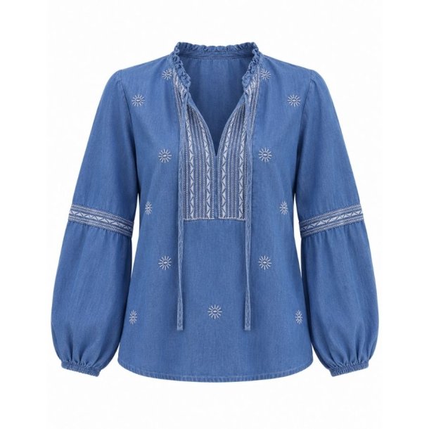 In April 1986 denimbl� bluse med broderede detaljer V8010