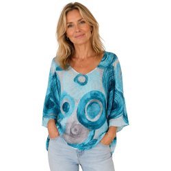 Lucky Nana bluse i 100% bomuld med turkis grafisk print.