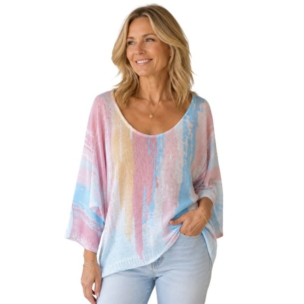 Lucky Nana bluse i 100% bomuld med pastelfarvet print &ndash; One Size, CX2001-04.