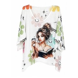 Lucky Nana bluse i 100% bomuld med kunstnerisk print &ndash; One Size, CX2001-11.