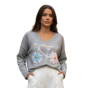 Gr� bluse med blomster fra MOOYA model 18823