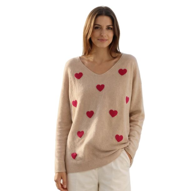 Beige strikbluse med r�de hjerter fra MOOYA model I1702-013